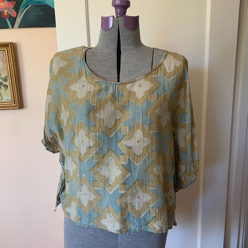 Ichcha Geometric Block Print Cotton Silk Boxy Crop Top Blue Tan Hand‎ Made India